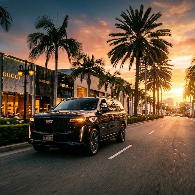 Cadillac Escalade on Beverly Hills boulevard at golden hour